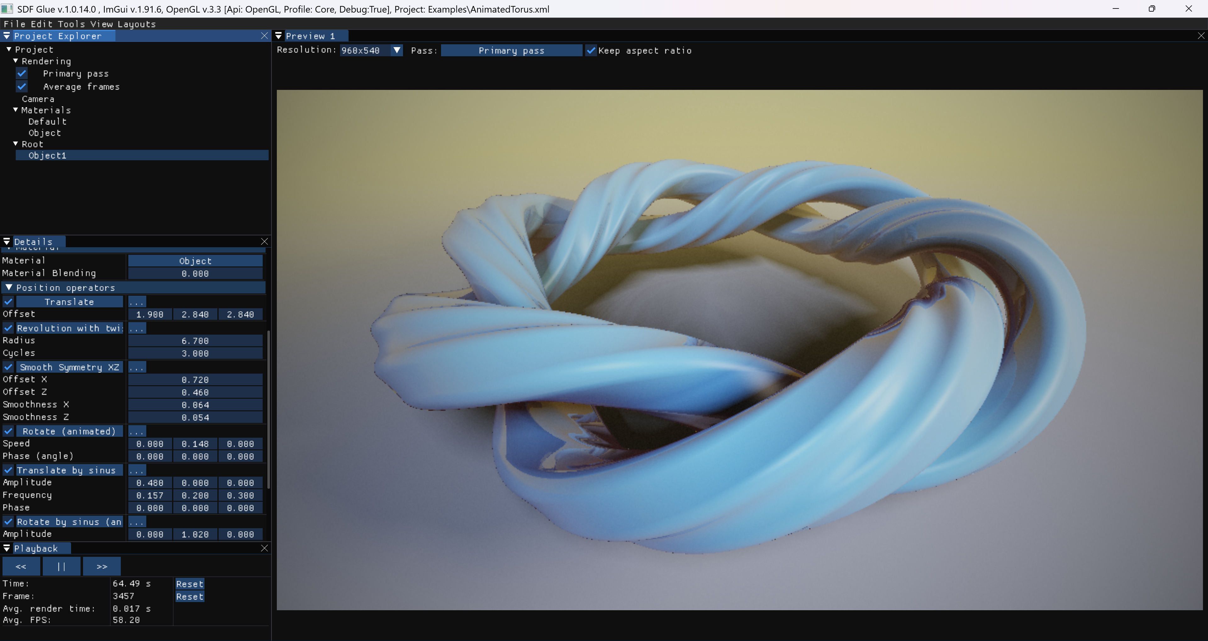 SdfGlue editor with scene tree and parameter panels